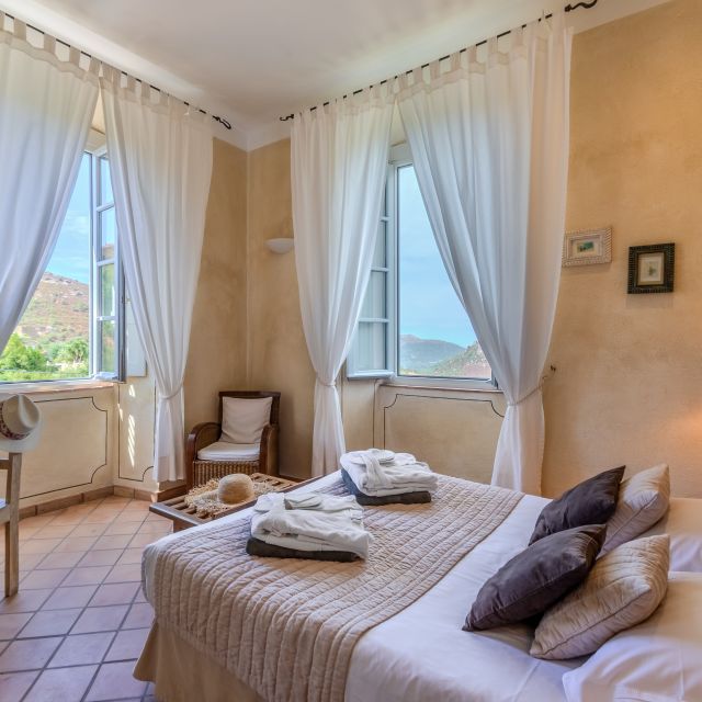 Bright, airy bedroom with a bed, decorative cushions, curtains, and windows showcasing a scenic view. A cosy atmosphere.