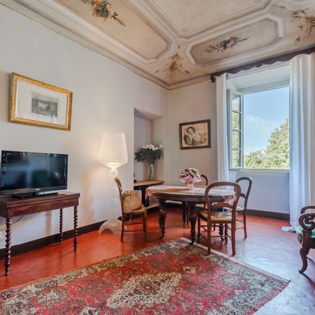 A charming lounge with a vintage feel, featuring a TV, elegant decor, and a window view of greenery.