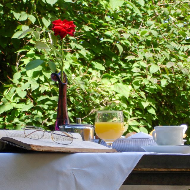 Une table extérieure paisible dressée avec une rose, des verres et des éléments de petit-déjeuner sous une végétation luxuriante.