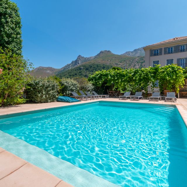 Una scena di piscina serena circondata da una lussureggiante vegetazione e montagne sotto un cielo blu chiaro. Perfetta per il relax.