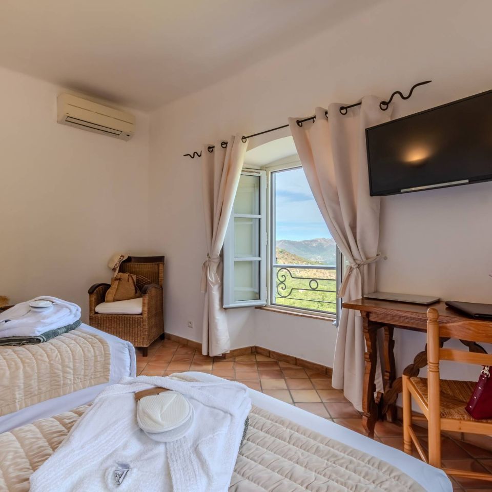 Bright, cosy room with two beds, a TV, window view, and decorative flowers on a wooden table.