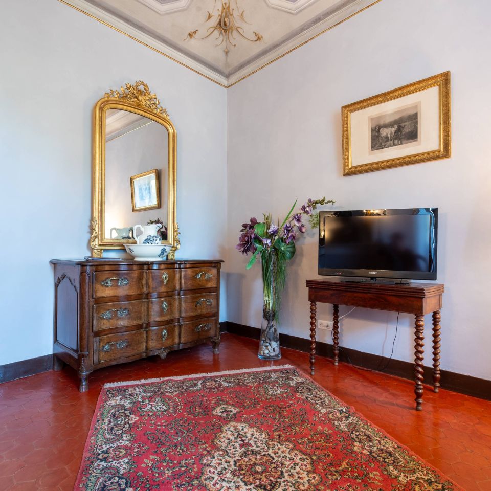 Elegant room featuring a vintage dresser, mirror, TV, and floral décor on a rich patterned rug.