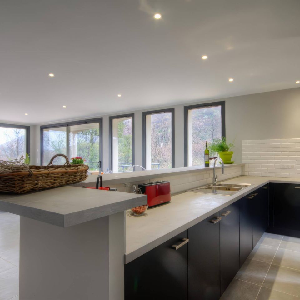 Modern kitchen with sleek black cabinets, bright lighting, and large windows showcasing greenery outside.