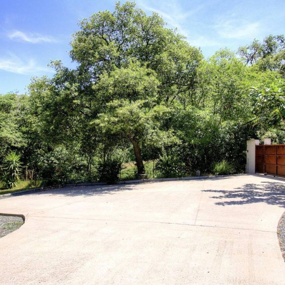A sunny driveway surrounded by lush greenery and trees, leading to a wooden gate. Blue sky above.