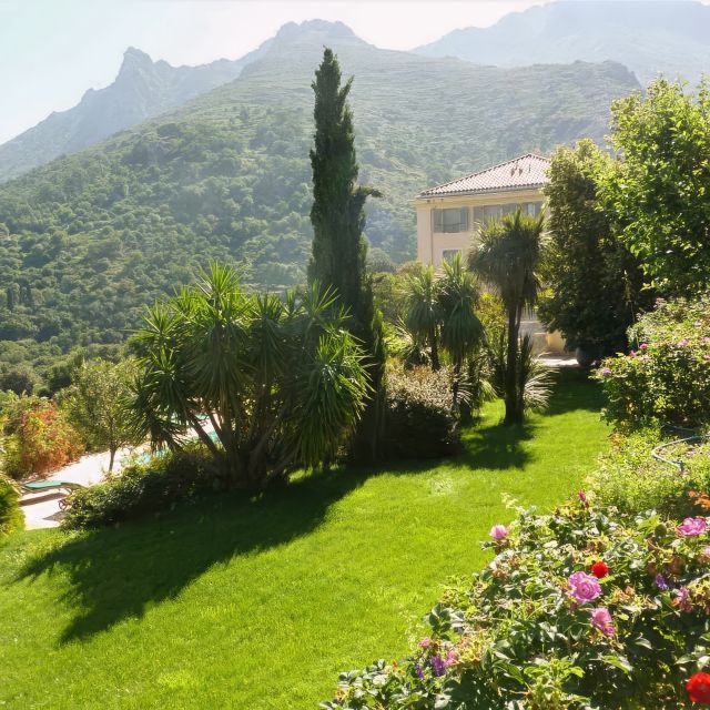 Giardino verde lussureggiante con palme, fiori e una villa, con uno sfondo montano sotto la luce solare intensa.