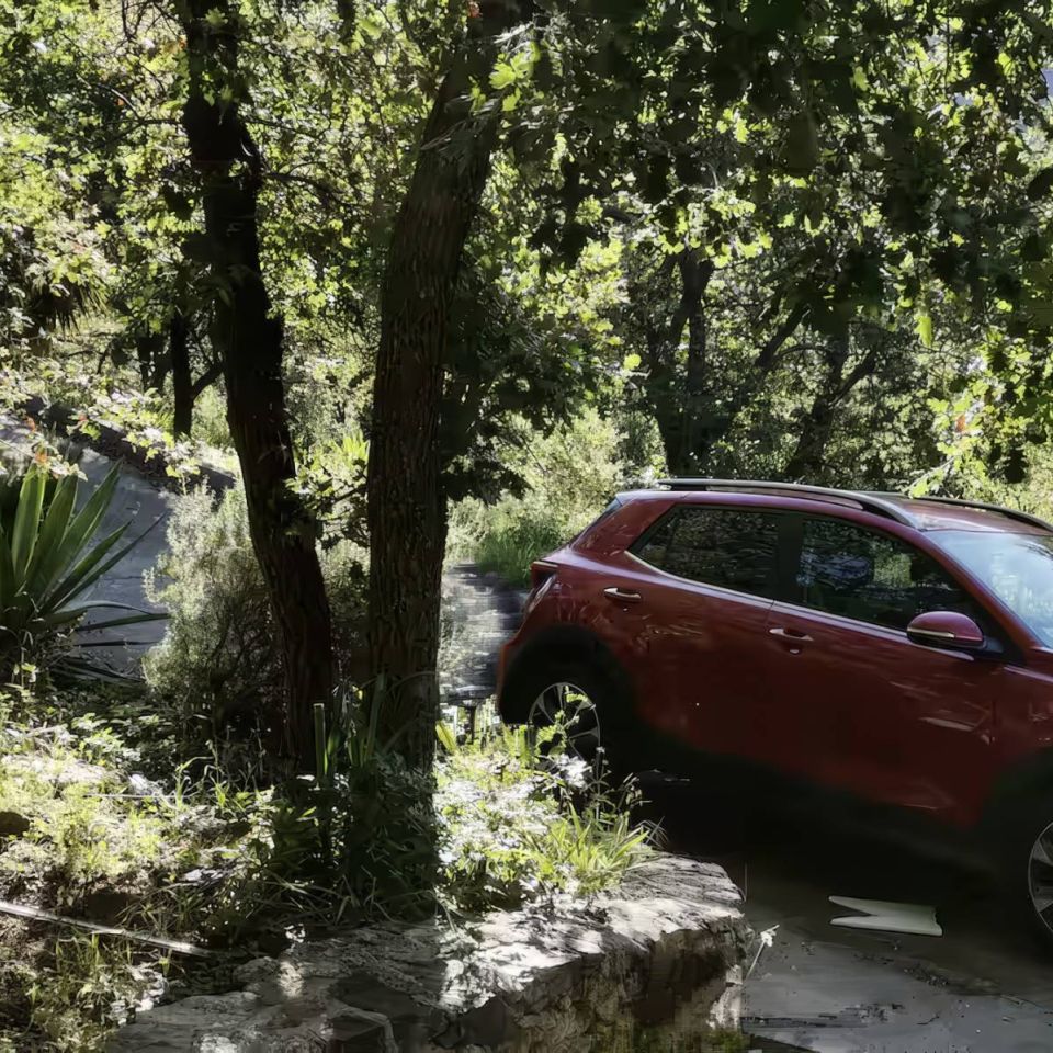 Un SUV rouge garé au milieu d'une verdure luxuriante et d'arbres par une journée ensoleillée.